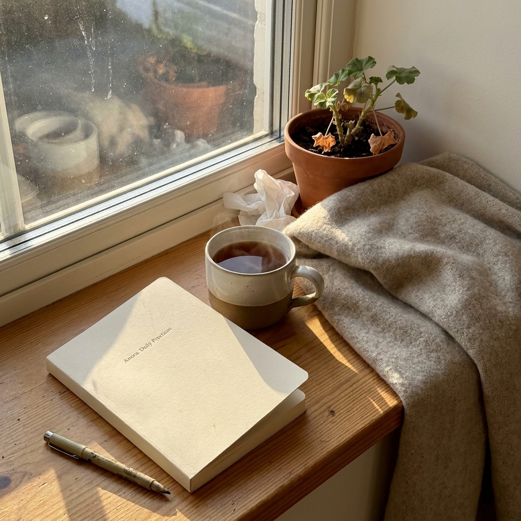 Ruhige Leseecke mit aufgeschlagenem Workbook und Tee am Fenster