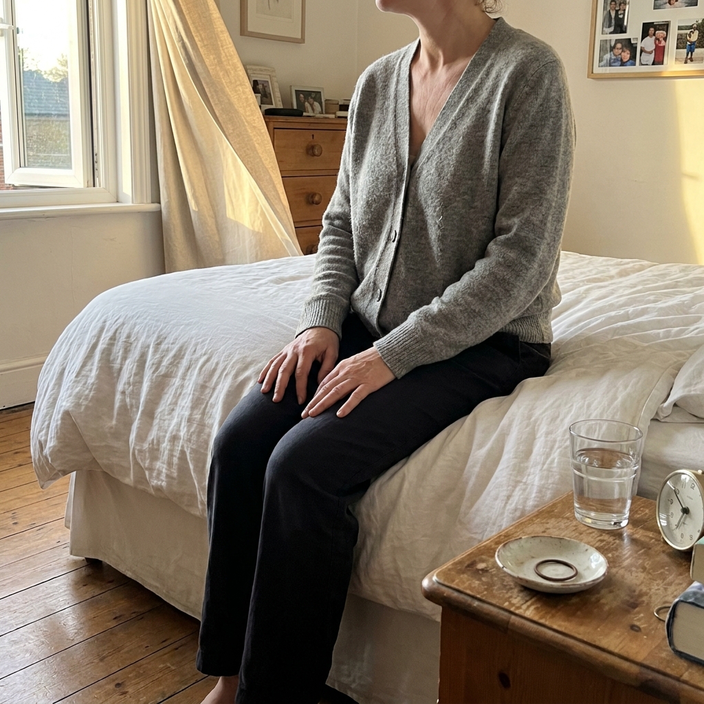 Ruhig sitzende Frau in einem hellen Schlafzimmer am Morgen