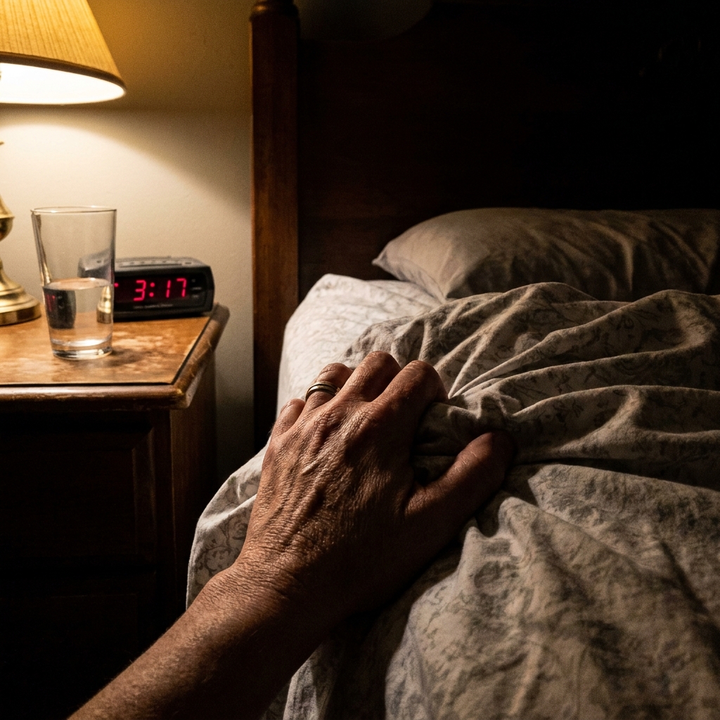 Angespannte Szene in einem dunklen Schlafzimmer in der Nacht
