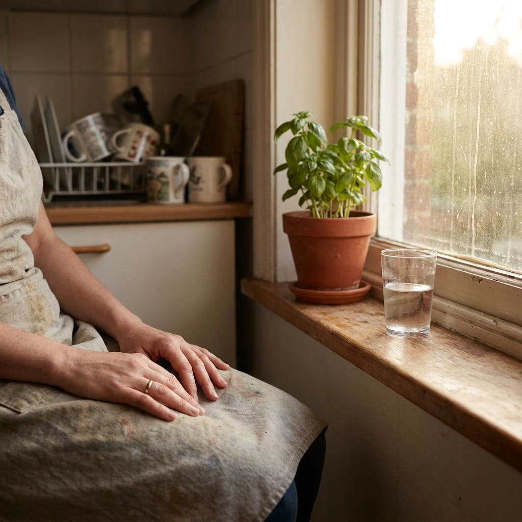 Ruhig gefaltete Hände einer Frau am sonnigen Küchenfenster