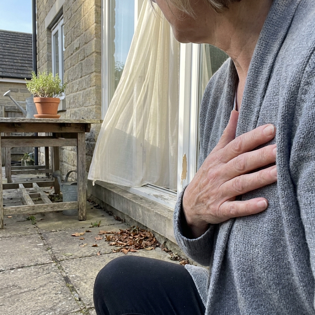 Hand auf der Brust einer Frau am sonnigen Fenster