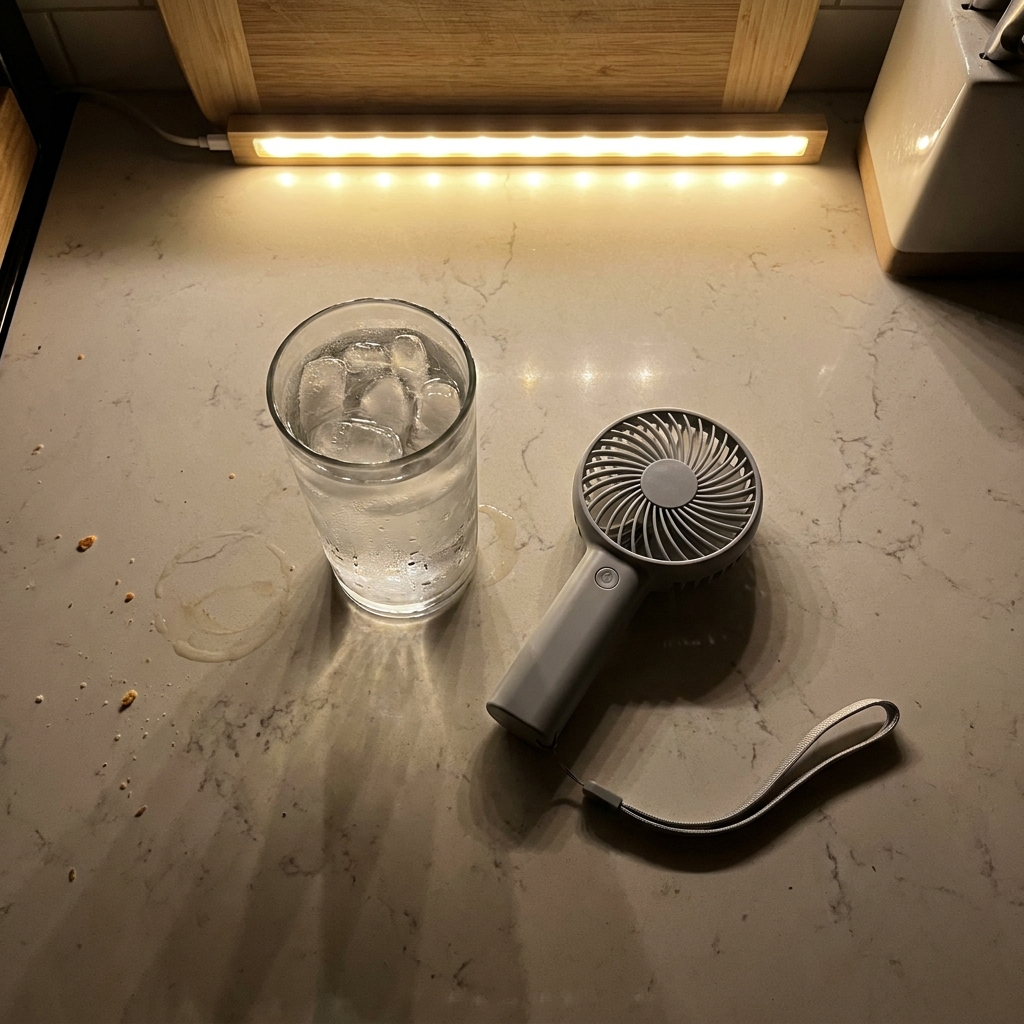 Glas Wasser und kleiner Ventilator auf einer Küchentheke