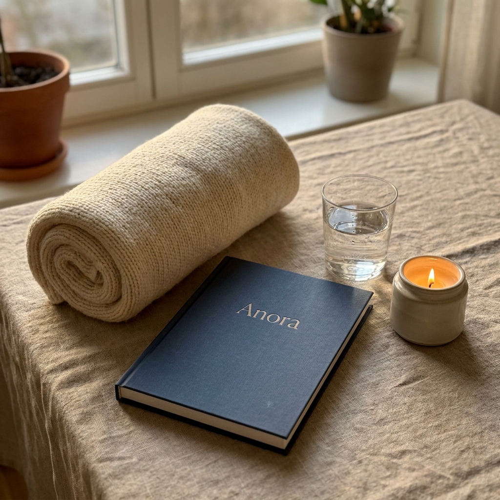 Ruhiges Stillleben mit Workbook, Decke und Wasser als Symbol für Selbstberuhigung