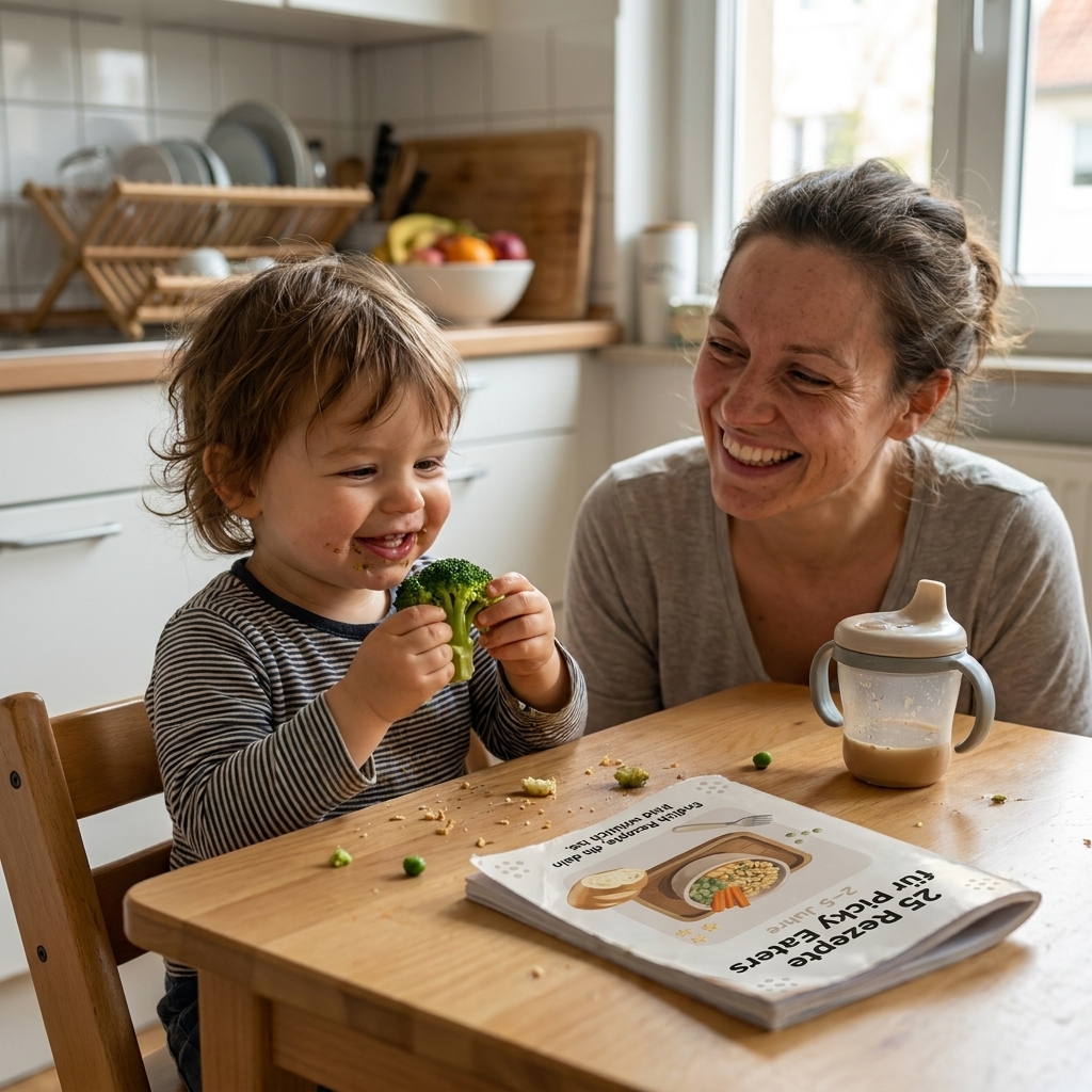 Glückliches Kleinkind isst bunte Mahlzeit am Küchentisch