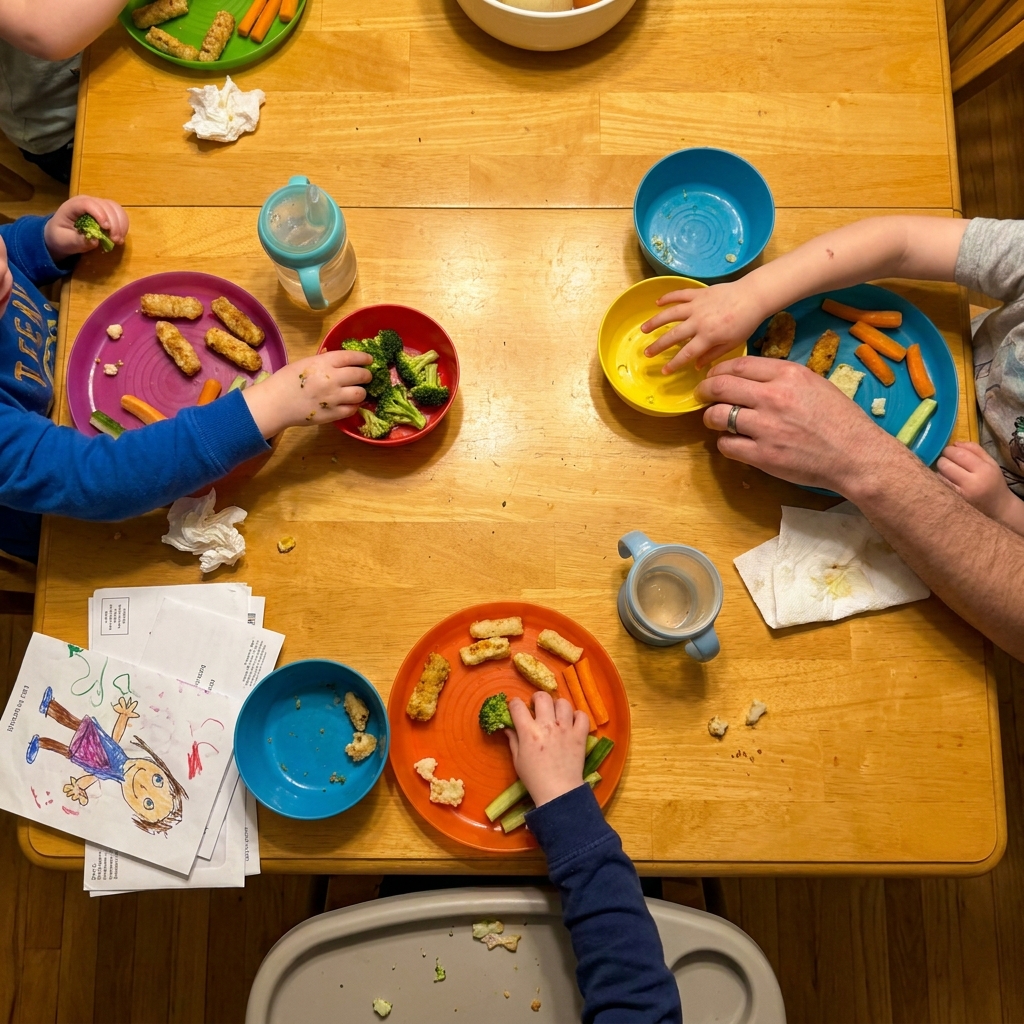 Familie beim gemeinsamen Essen mit bunten Kindertellern