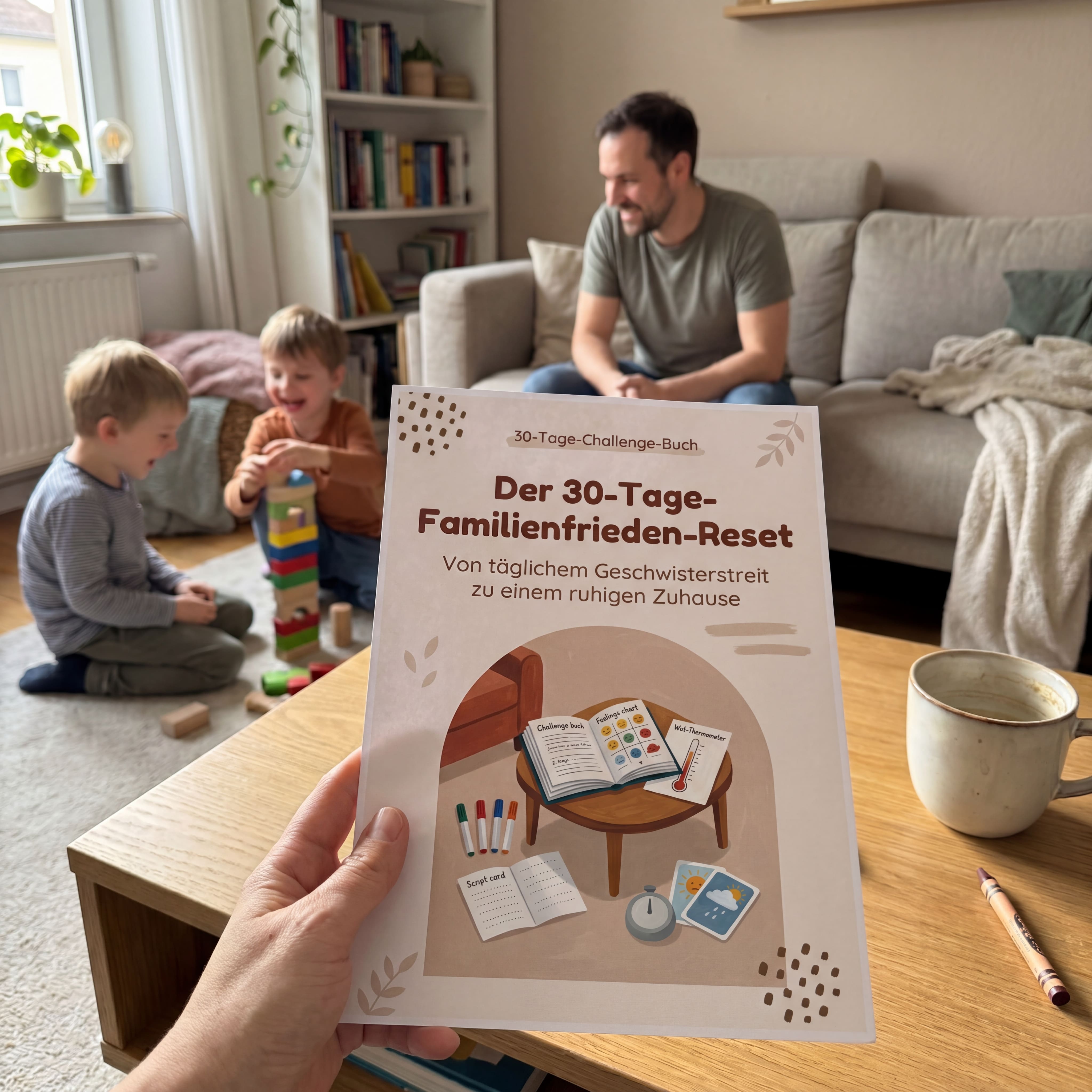 Friedliche Familie mit spielenden Geschwistern in einem ruhigen Zuhause