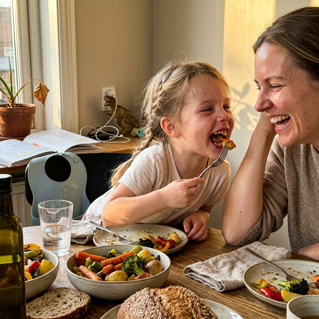 Happy mom and child enjoying dinner together