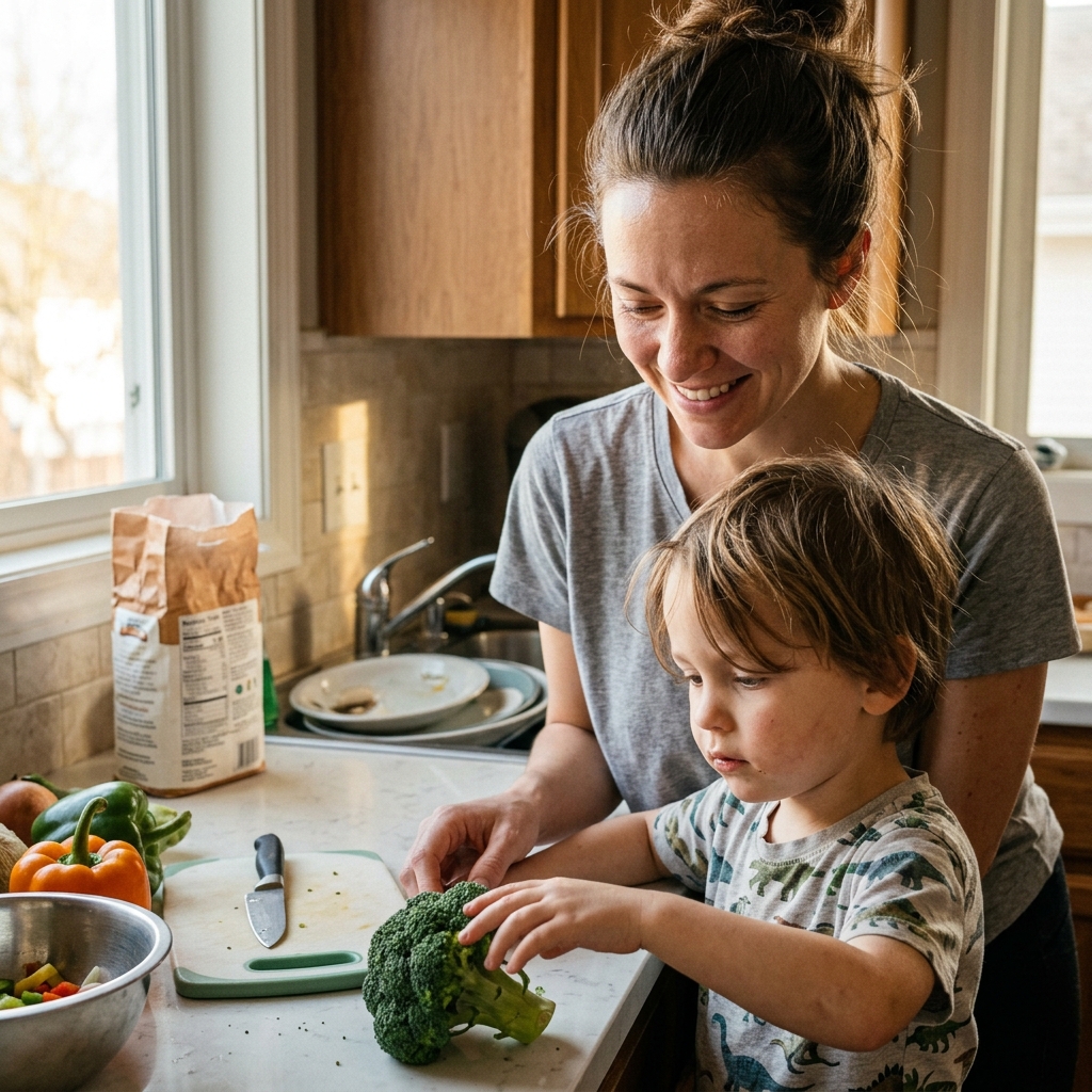 Mom and child cooking together in a bright kitchen