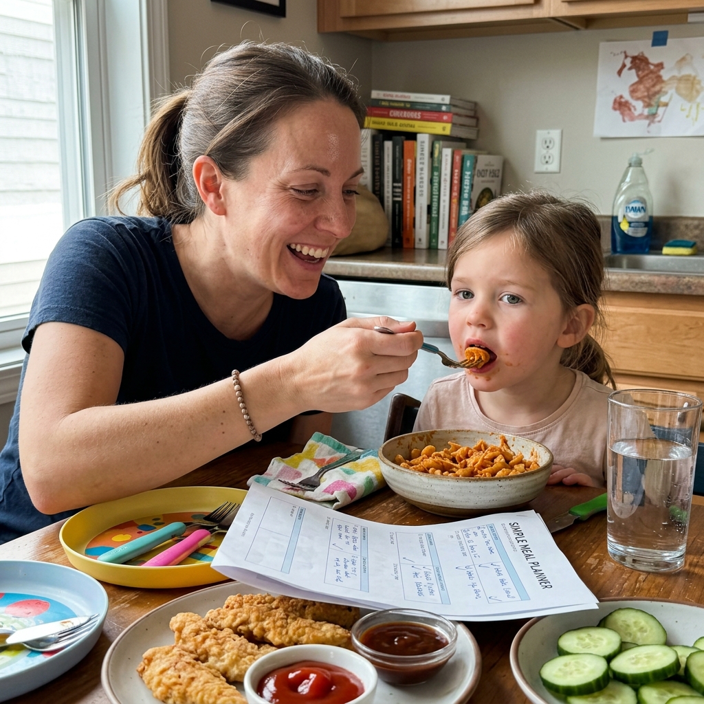 Happy mom and child at dinner table with bridge foods