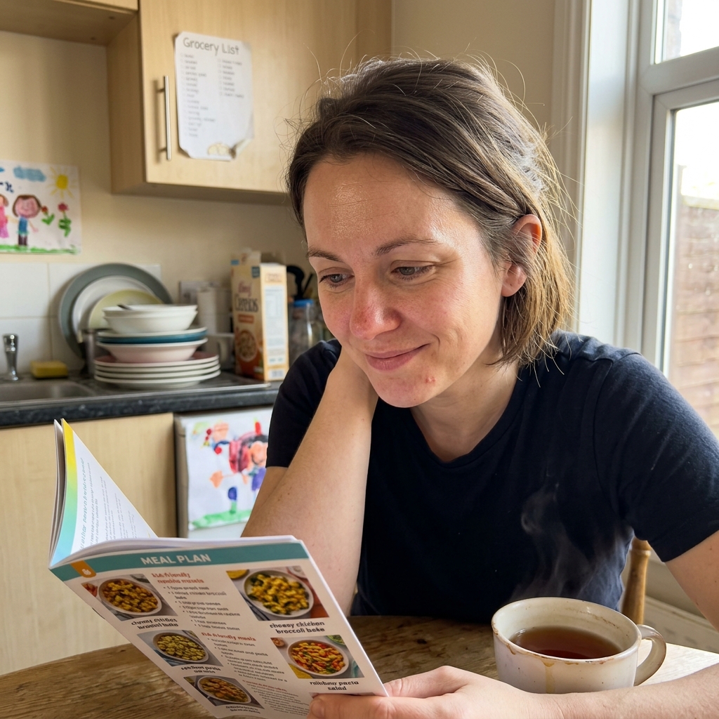 Mom reviewing the 21-day meal plan at kitchen table