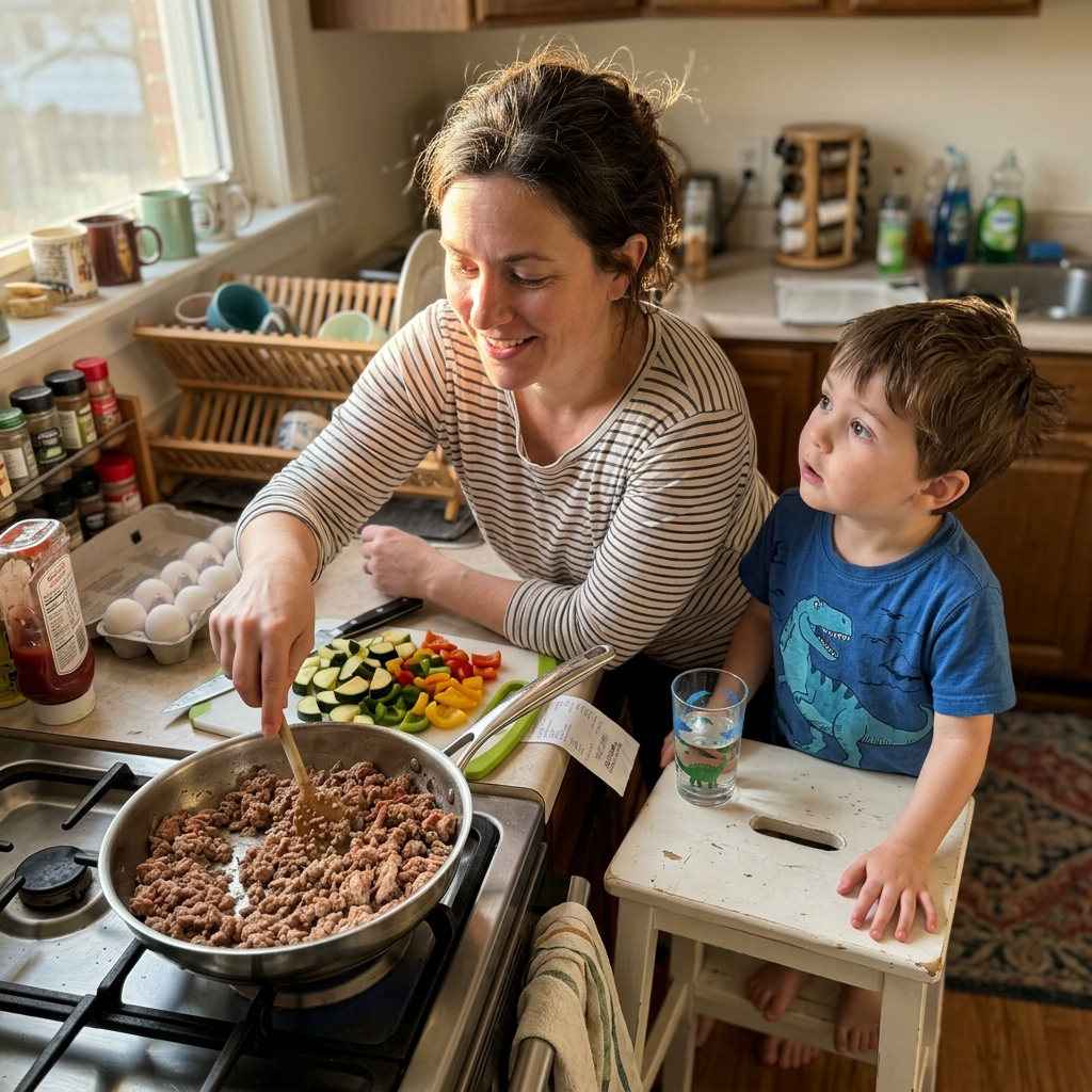 Mom cooking bridge recipe while child watches curiously