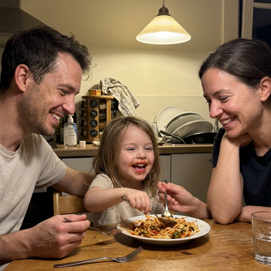 Happy family eating the same meal together at dinner