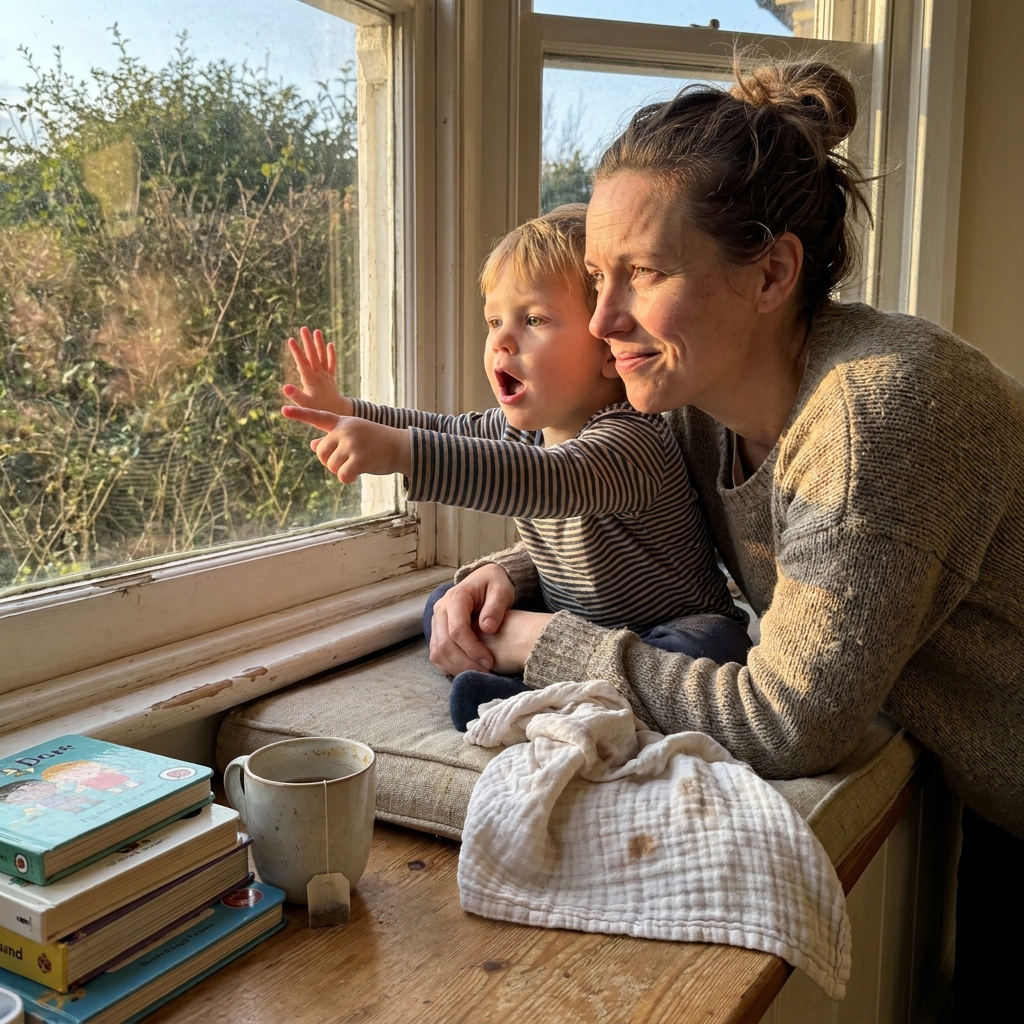 Mutter und Kind teilen einen ruhigen, verbindenden Moment am Fenster