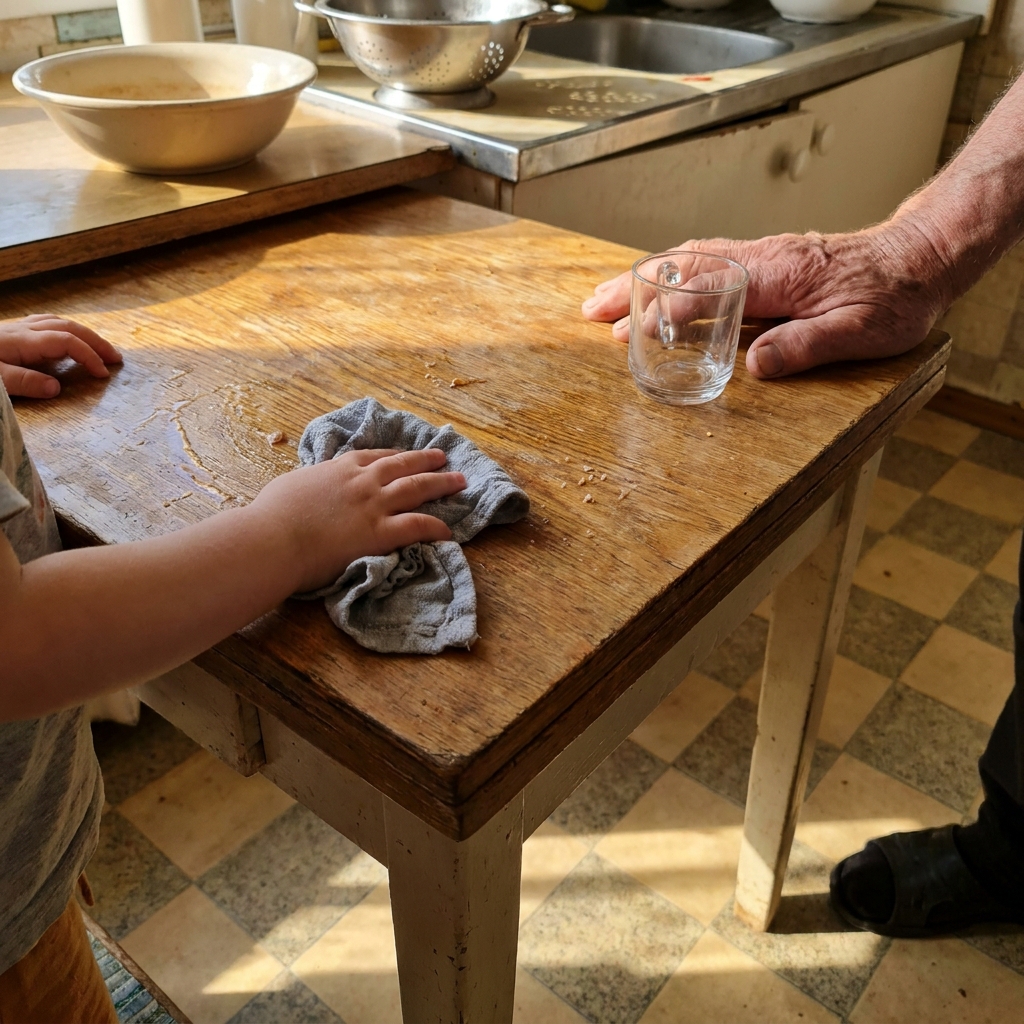 Kind wischt stolz einen kleinen Tisch sauber