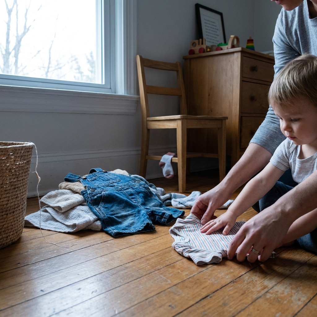 Kind faltet gemeinsam mit einem Elternteil kleine Wäschestücke