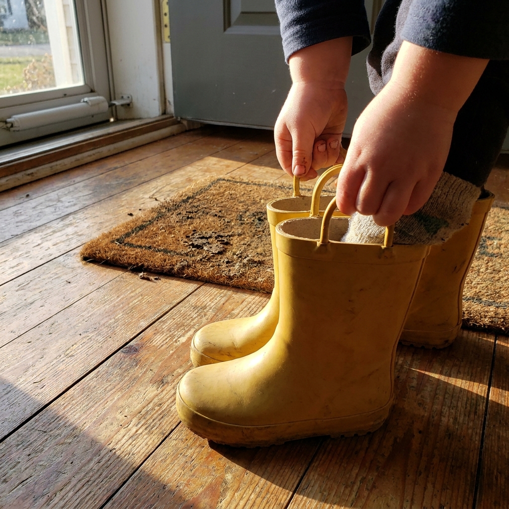 Kind zieht sich selbstständig die Gummistiefel an