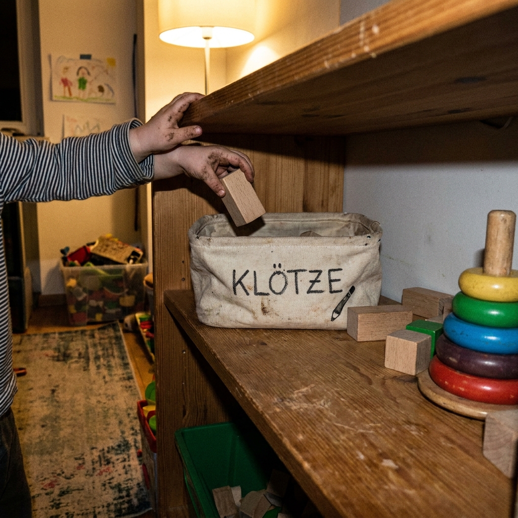 Kind räumt Holzbausteine in einen beschrifteten Korb