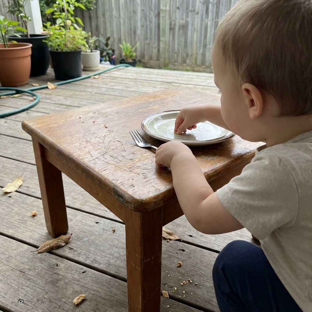 Kind deckt selbstständig den Tisch mit Teller und Besteck