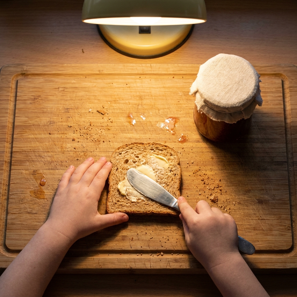 Kinderhände streichen Butter auf eine Scheibe Brot