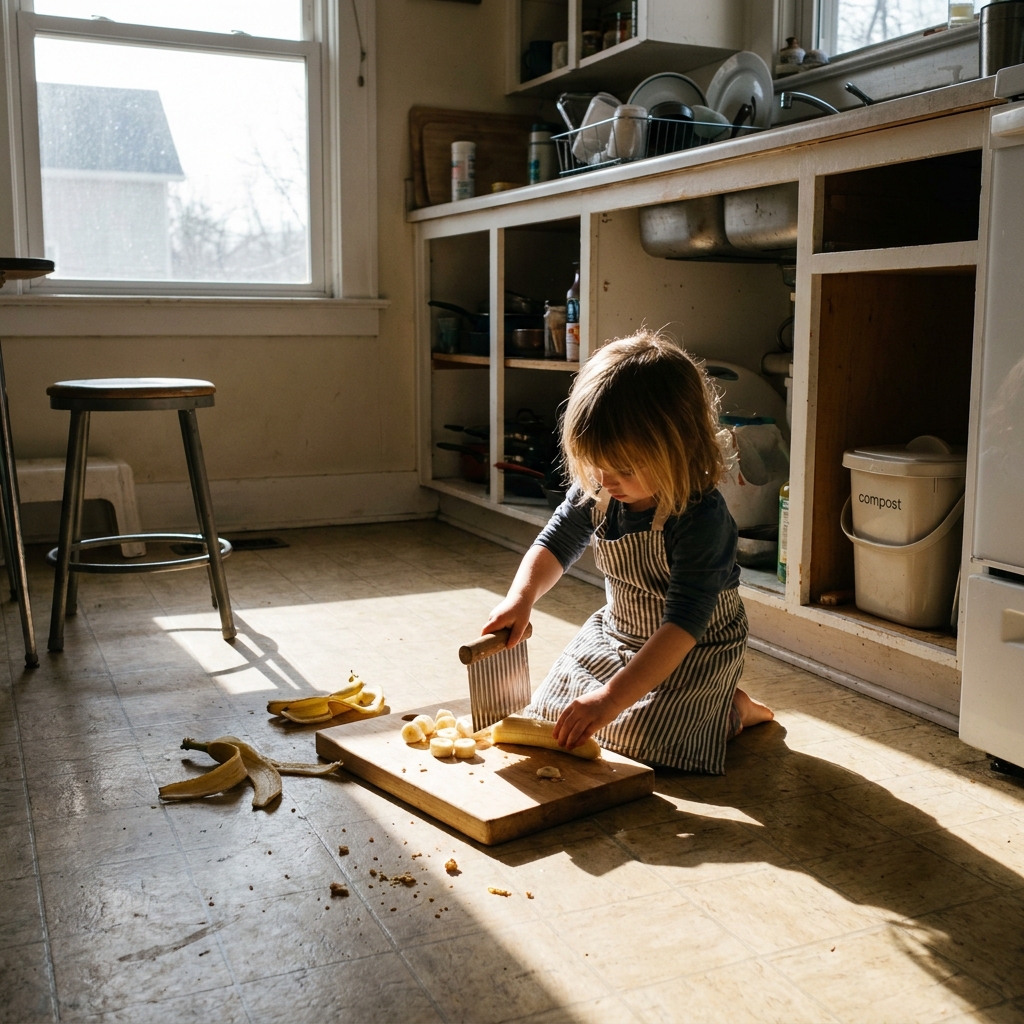 Kinderhände schneiden eine Banane mit einem kindersicheren Messer