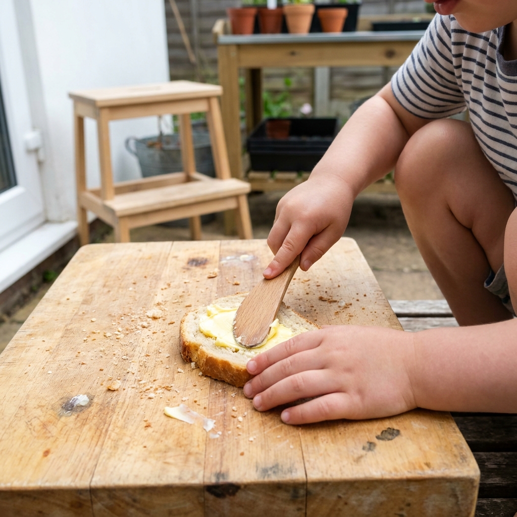 Kind bestreicht selbstständig eine Brotscheibe mit Butter