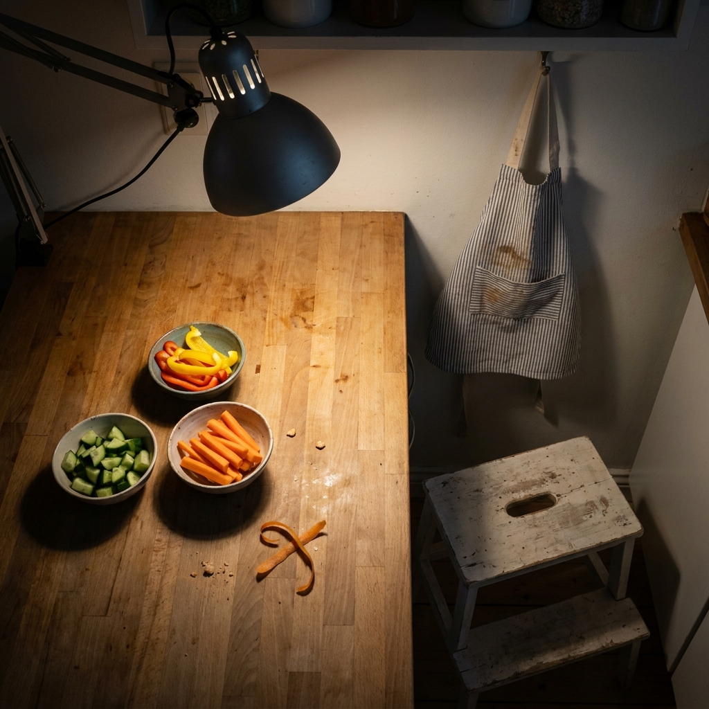 Ordentlich vorbereiteter Kochplatz mit kleinen Schüsseln und Kinderschürze