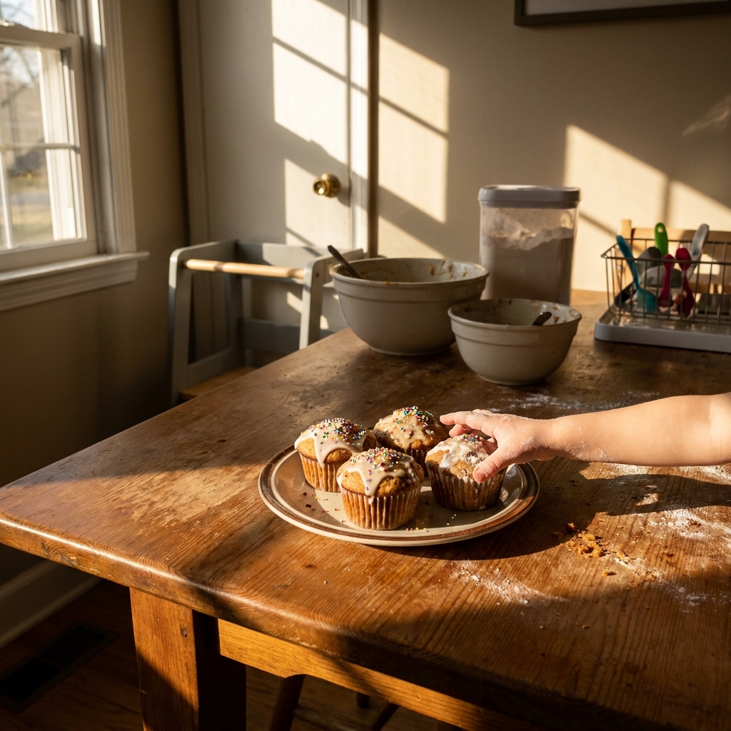 Selbstgebackene Muffins, auf die ein Kind stolz zeigt