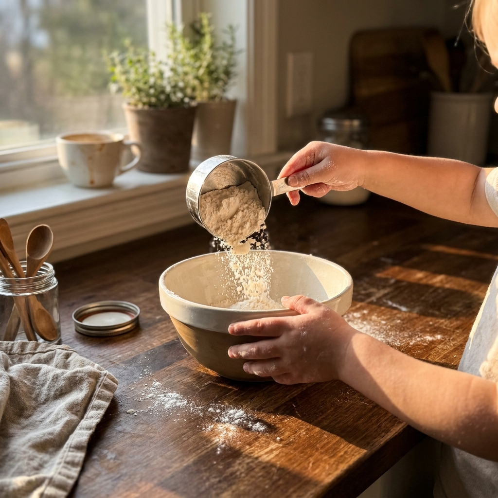 Kind wirkt aktiv beim Kochen mit, gießt Zutaten in eine Schüssel