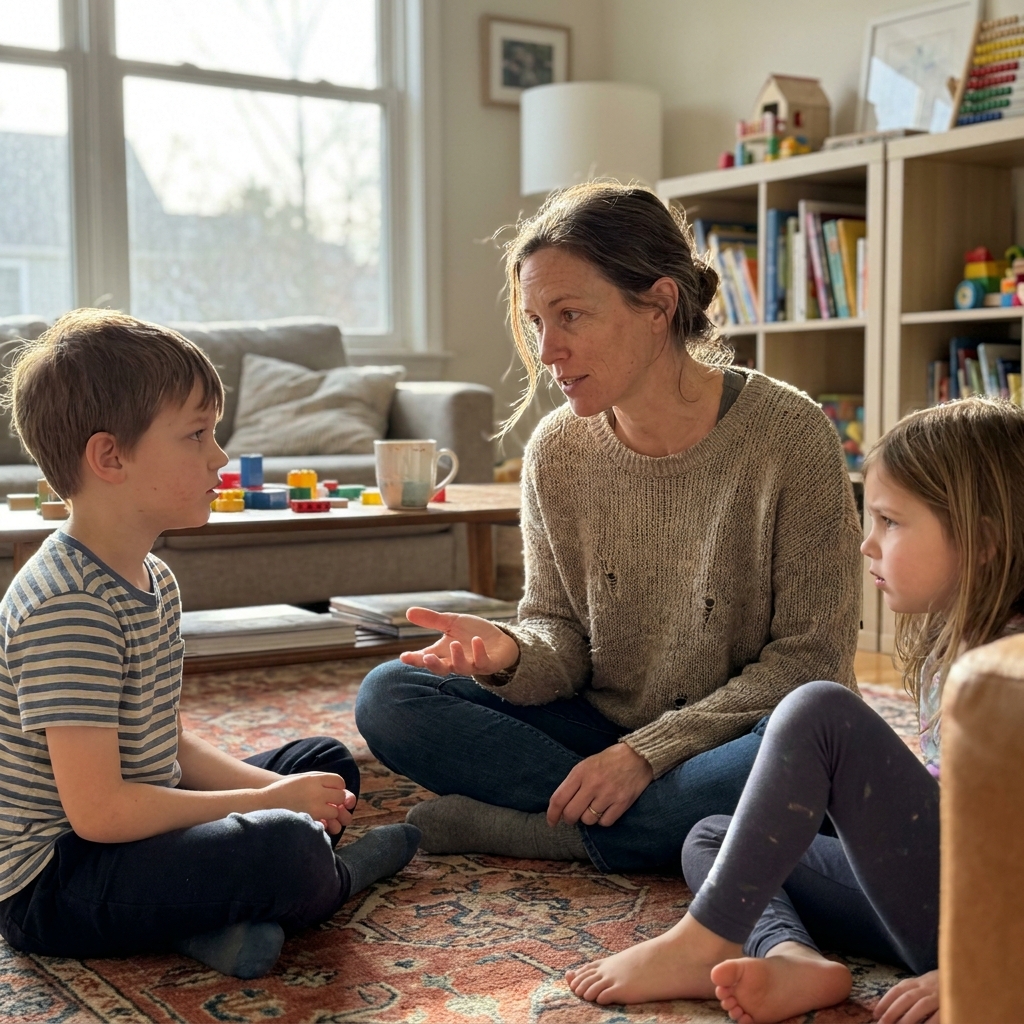 Elternteil löst ruhig einen Geschwisterkonflikt im Wohnzimmer