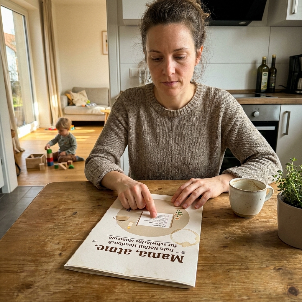 Alleinerziehende Mutter mit dem SolaMom Notfall-Handbuch am Küchentisch