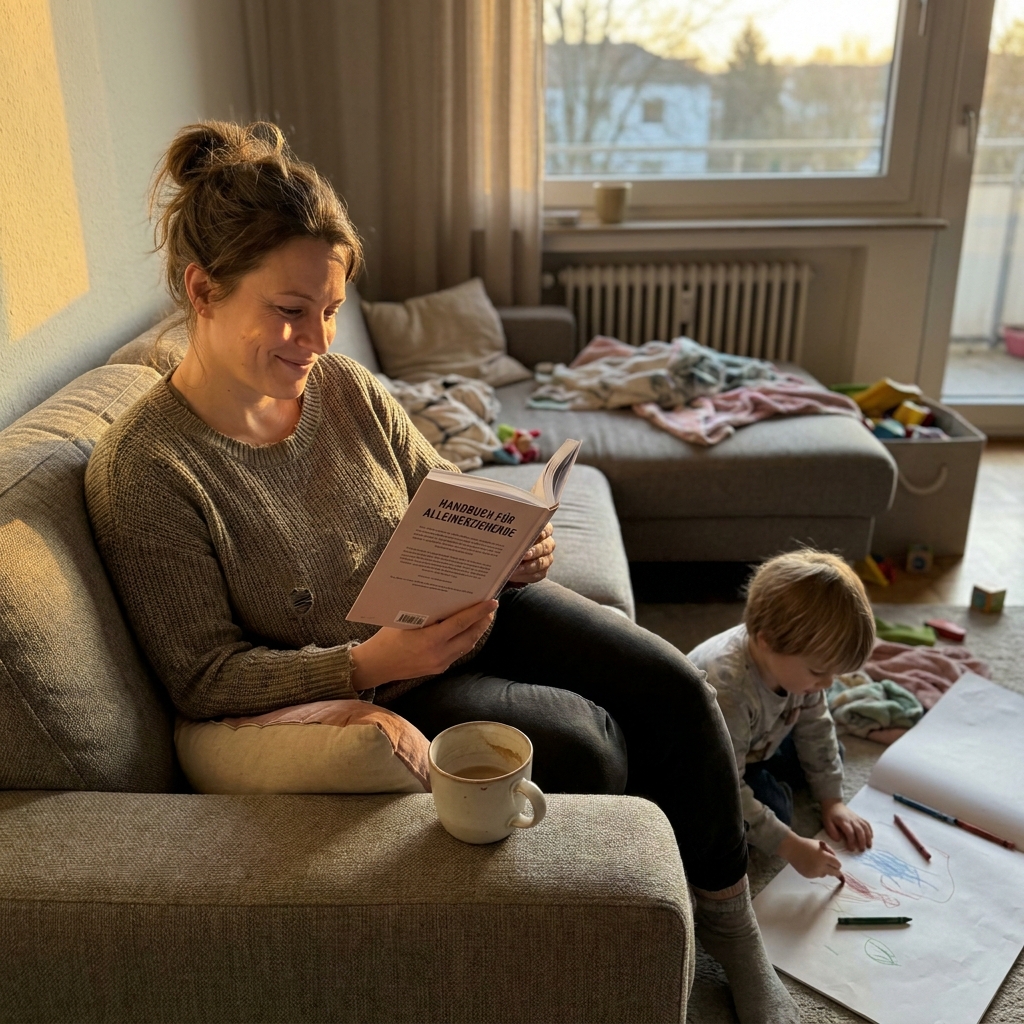 Mutter liest entspannt im SolaMom Handbuch, während ihr Kind daneben malt