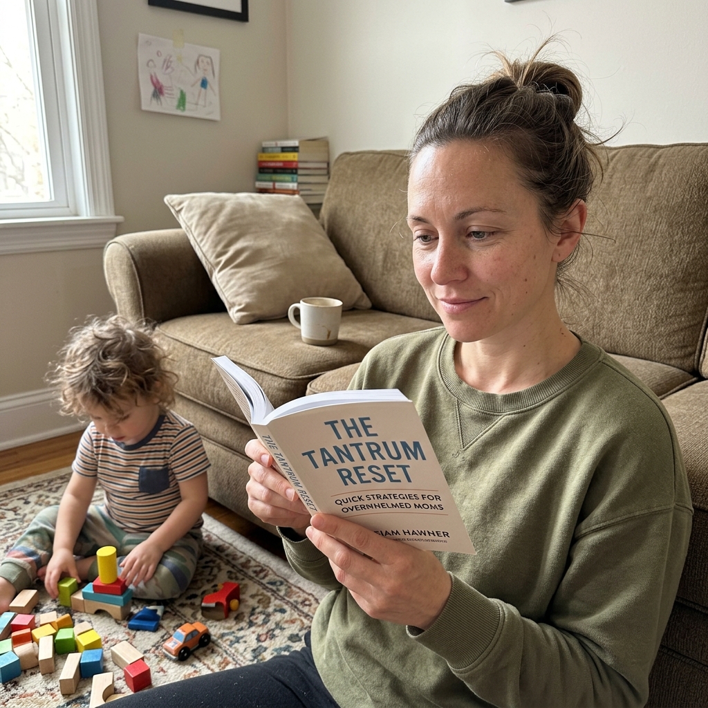 Mom reading the Tantrum Reset guide at home