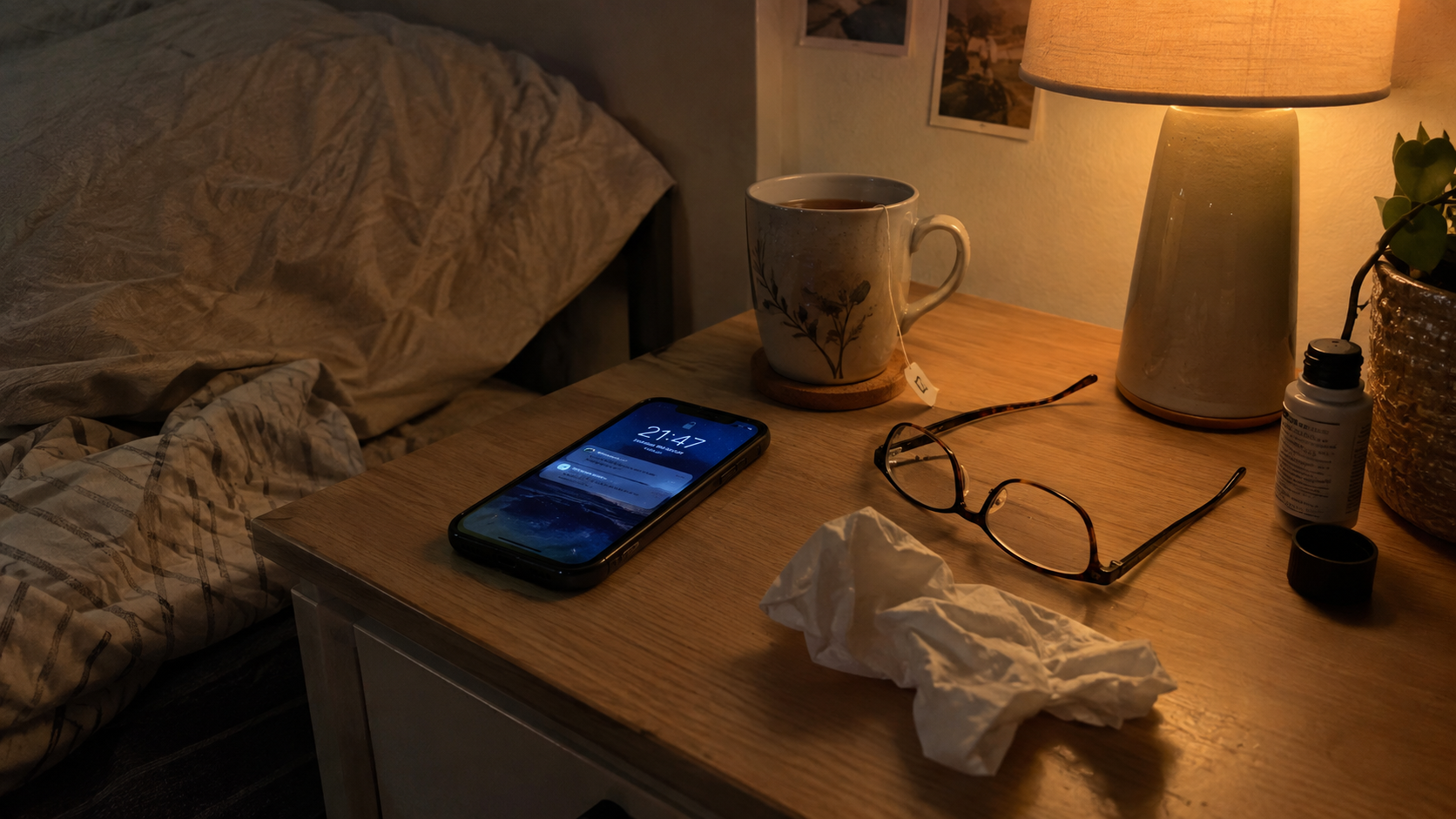 Abends erschöpft am Handy nach Lösungen suchen